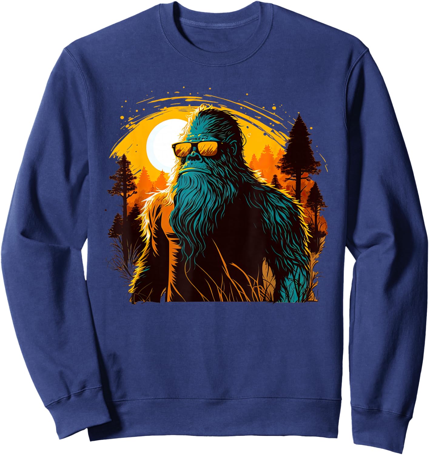 Cool Bigfoot Sasquatch Sunset Forest Retro Cryptid yeti Sweatshirt - Sweatshirt | Navy