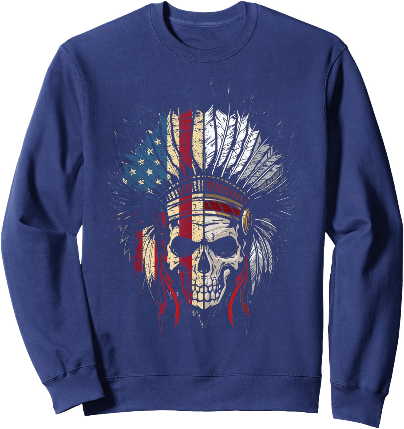 American Native Headdress USA Flag Indian Skull Women Men Sweatshirt - Sweatshirt | Navy