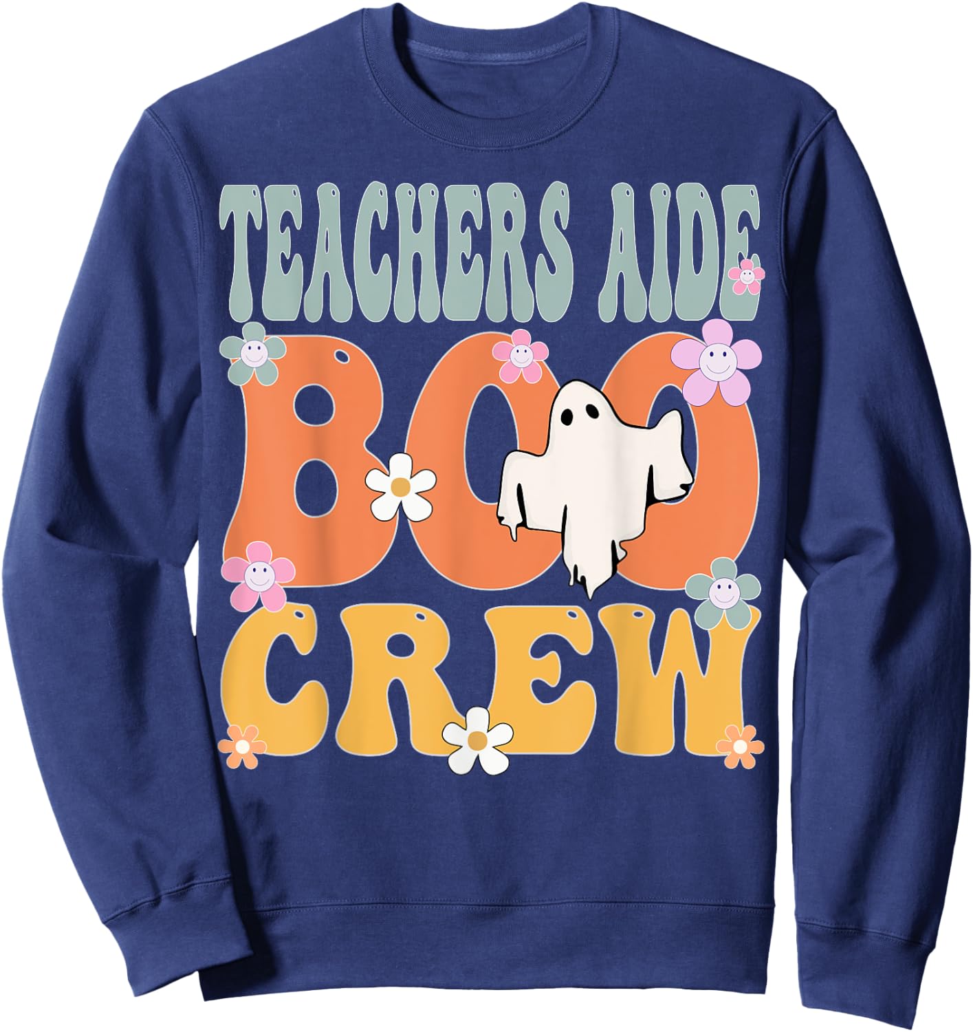 Teachers Aide Boo Crew Ghost Groovy Halloween Sweatshirt - Sweatshirt | Navy