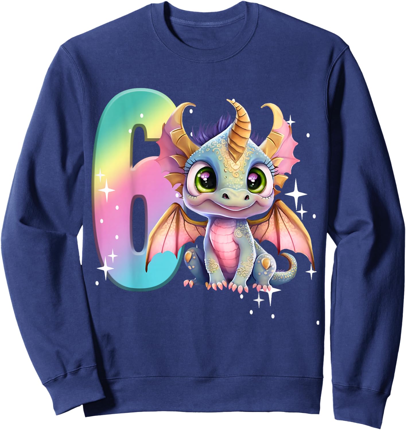 6th Birthday Shirt Dragon Party Rainbow Girl Dragon Cute Six Sweatshirt - Sweatshirt | Navy