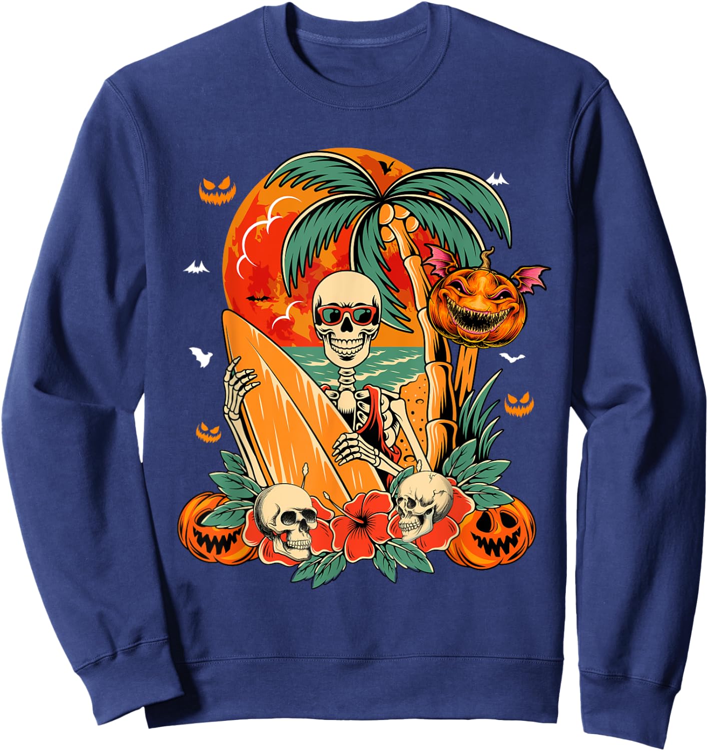 Skeleton Surfer Halloween Hawaiian Floral Carved Pumpkins Sweatshirt - Sweatshirt | Navy
