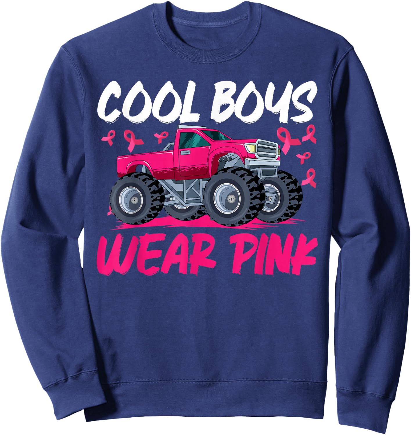 Monster Truck Breast Cancer Awareness Cool Boys Wear Pink Sweatshirt - Sweatshirt | Navy