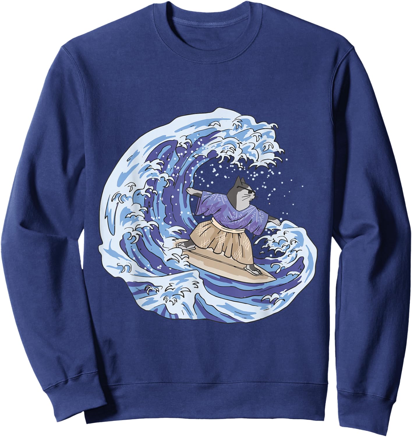 Surfing Japan Samurai Cat Vintage Surf Board Sweatshirt - Sweatshirt | Navy