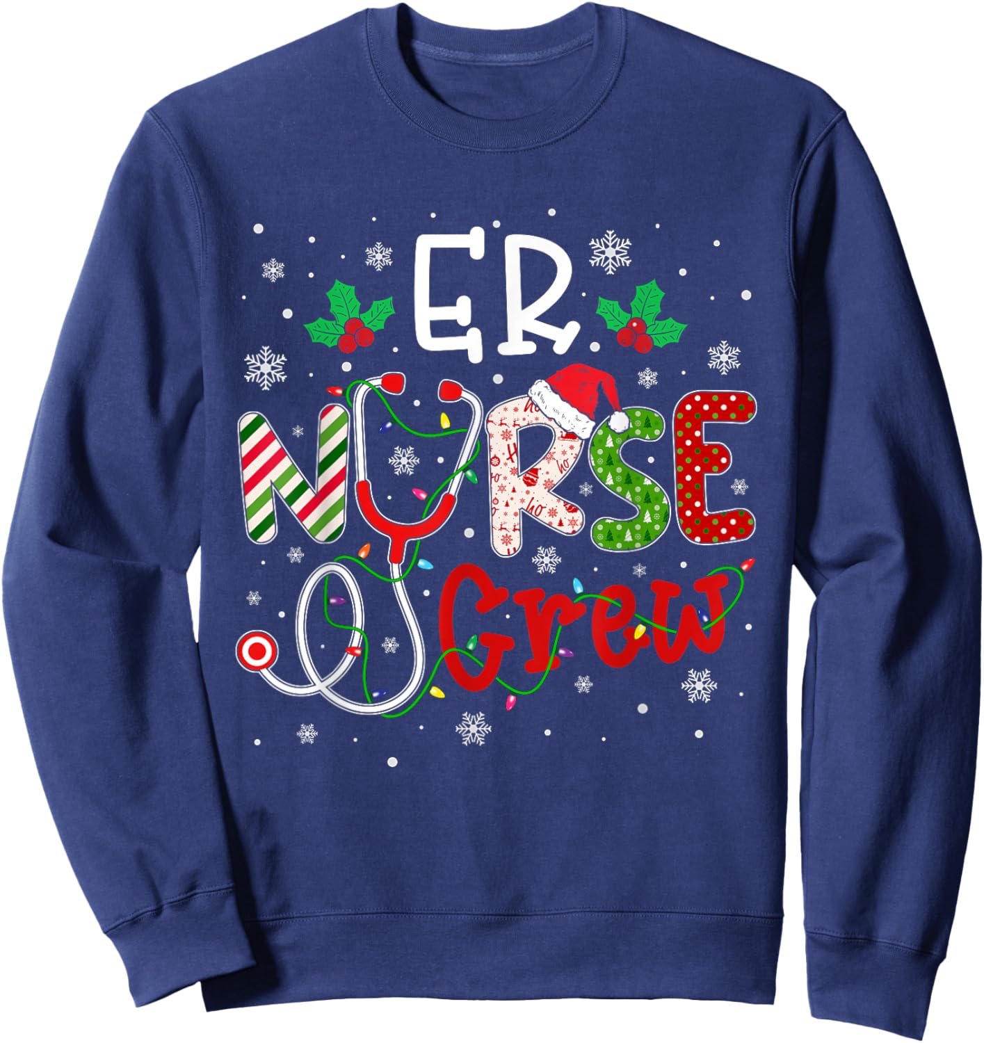 ER Christmas Nurse Crew Funny Nursing Christmas Pattern Sweatshirt - Sweatshirt | Navy