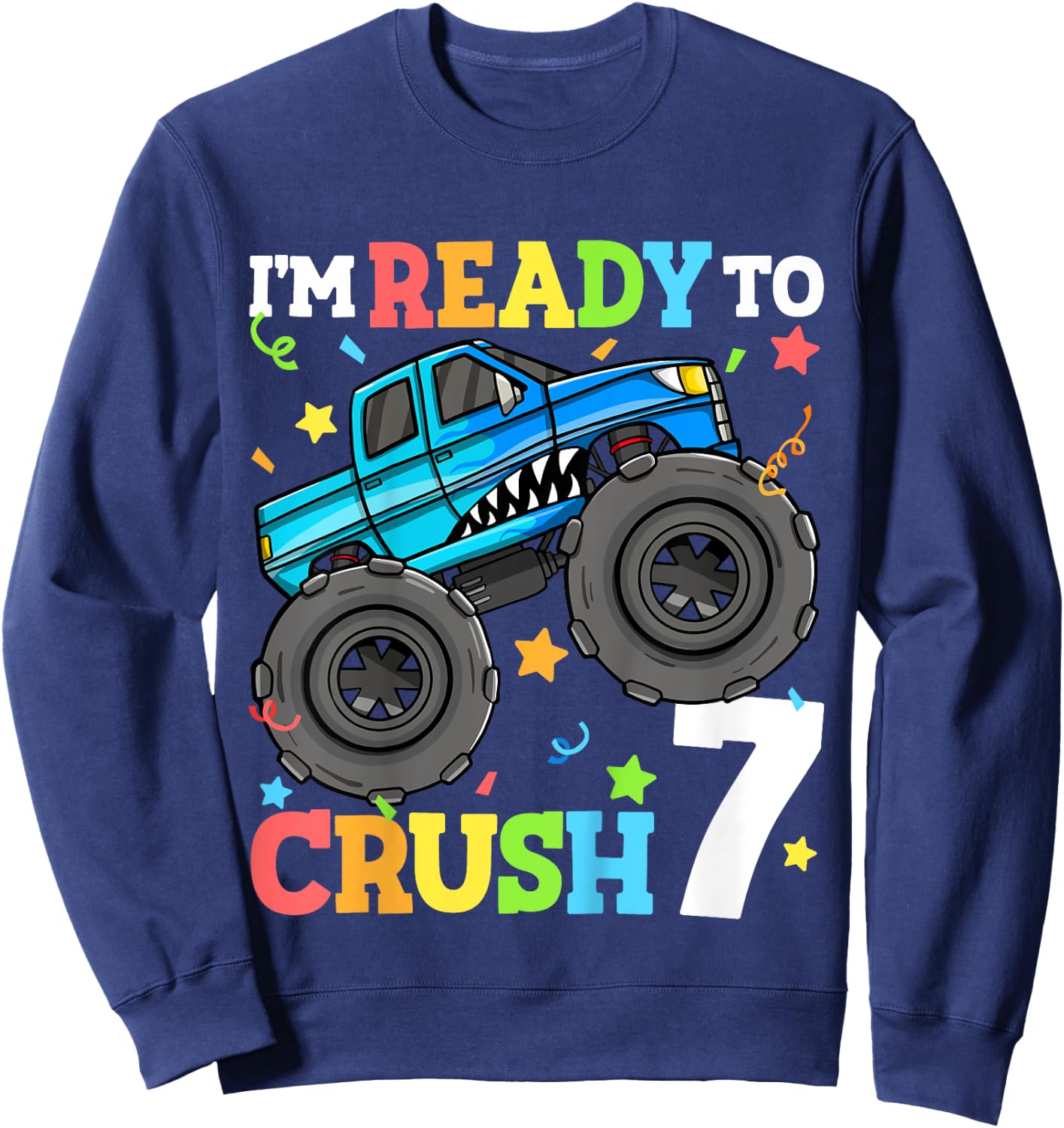 Kids Monster Truck Shark 7th Birthday Boy 7 Seven Year Old Sweatshirt - Sweatshirt | Navy