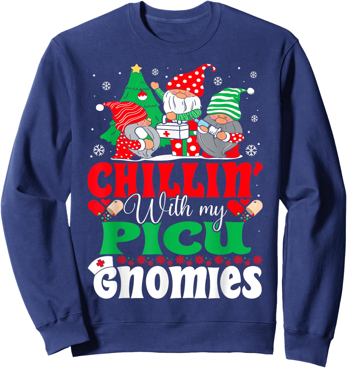 PICU Nurse Gnomes Pediatric Intensive Care Nurse Christmas Sweatshirt - Sweatshirt | Navy