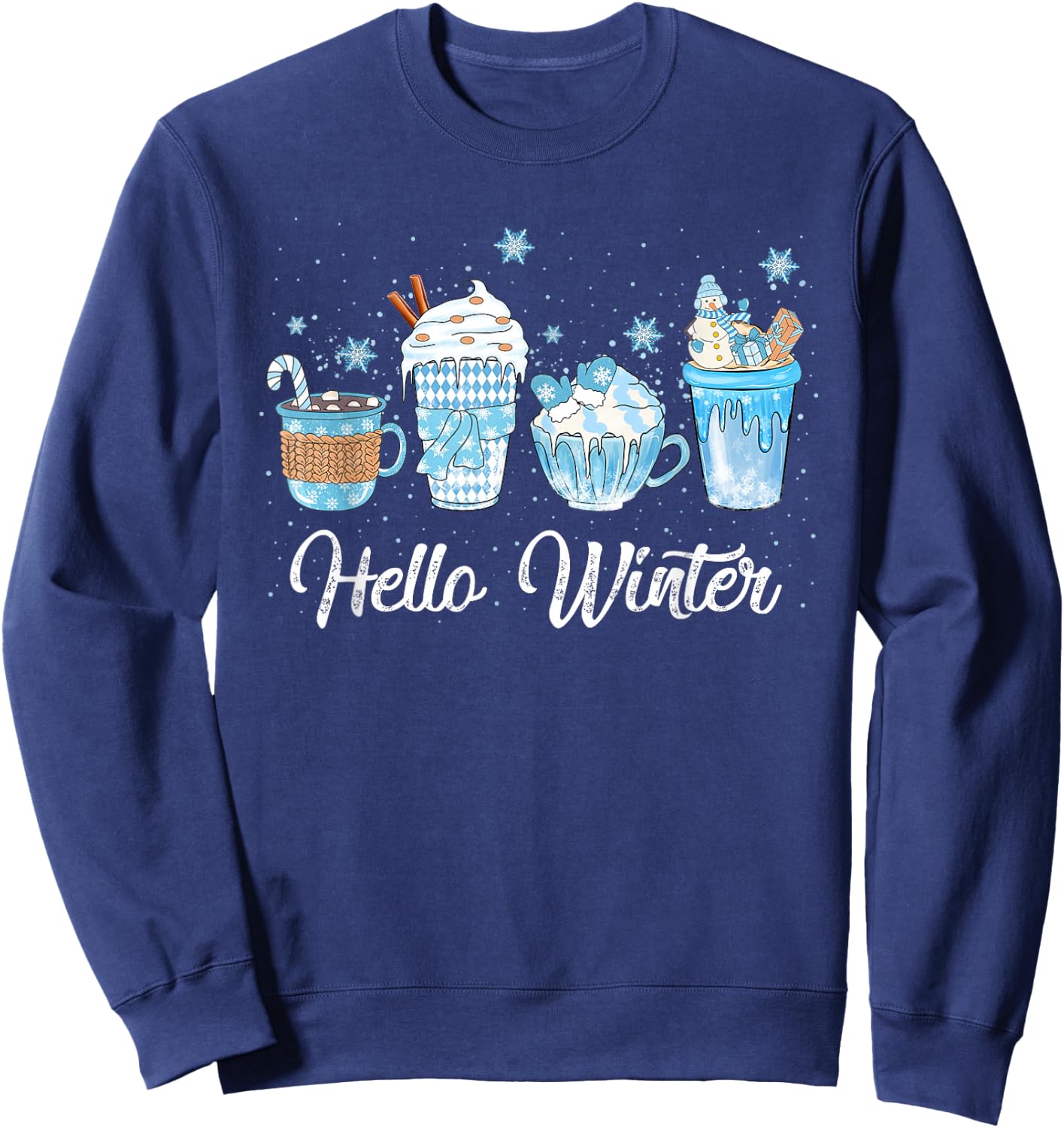 Hello Winter Sweet Cozy Coffee Lovers Snowman Christmas Sweatshirt - Sweatshirt | Navy