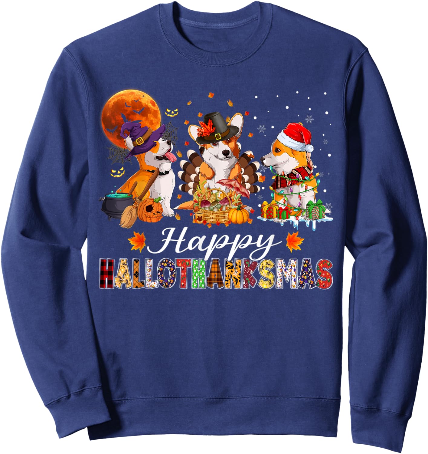 Corgi Dogs Halloween Thanksgiving Christmas Hallothanksmas Sweatshirt - Sweatshirt | Navy