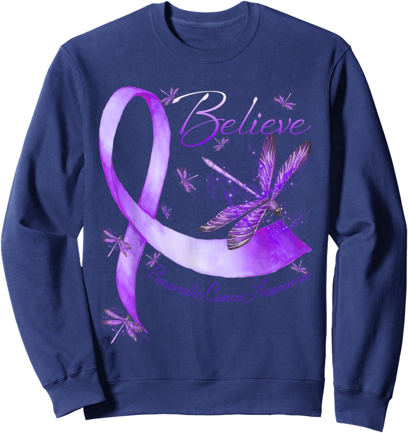 Believe Pancreatic Cancer Awareness Dragonfly Purple Ribbon Sweatshirt - Sweatshirt | Navy