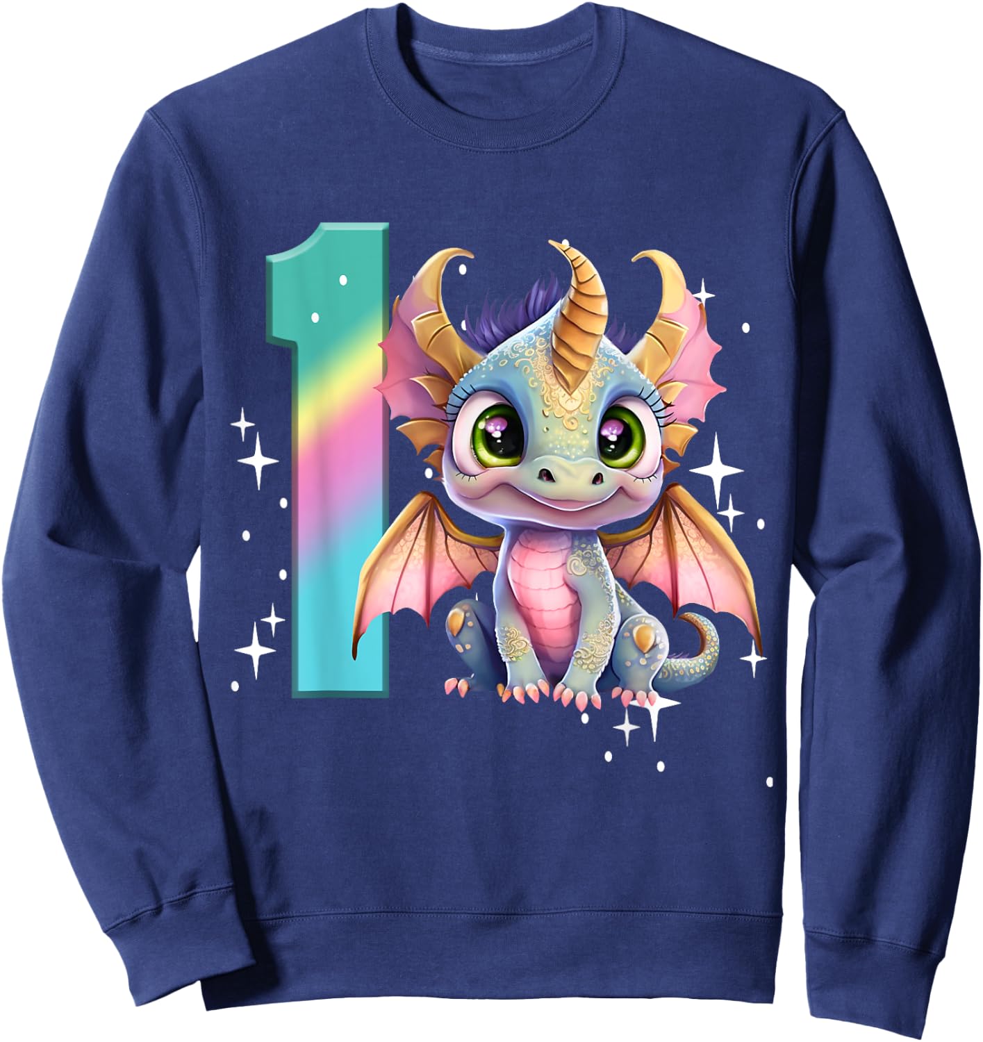 1st Birthday Shirt Dragon Party Baby Girl One First Rainbow Sweatshirt - Sweatshirt | Navy