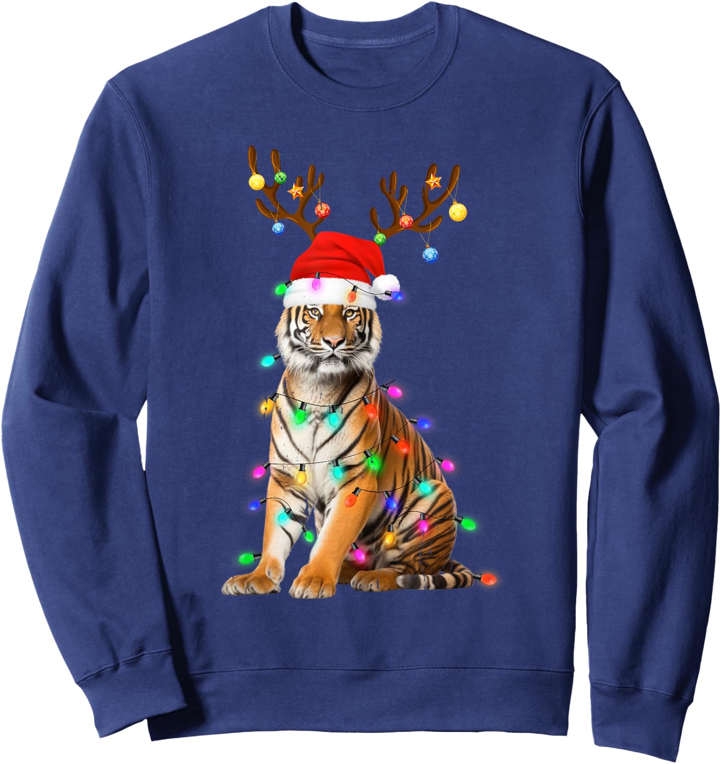 Santa Hat Funny Tiger Tree Xmas Light Animal Christmas Sweatshirt - Sweatshirt | Navy