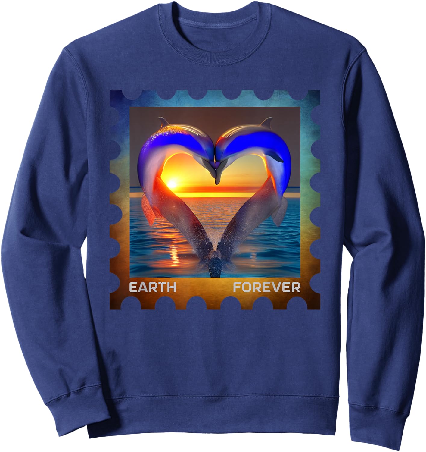 EARTH FOREVER Postage Stamp Ocean Sunset Heart Cute Dolphins Sweatshirt - Sweatshirt | Navy