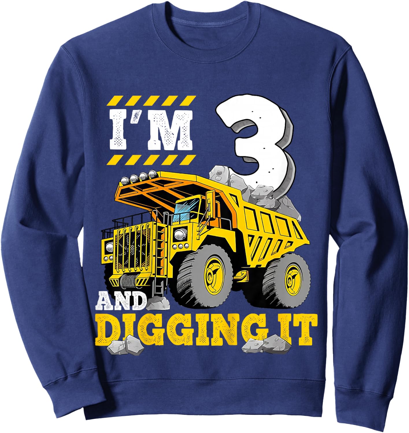 Kids Three 3rd Birthday Construction Truck 3yr Boy 3 Years Old Sweatshirt - Sweatshirt | Navy