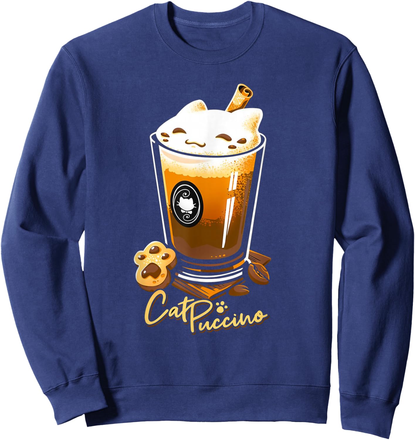 Retro Cat Boho Puccino Funny Coffee Cat Cute Cup Sweatshirt - Sweatshirt | Navy