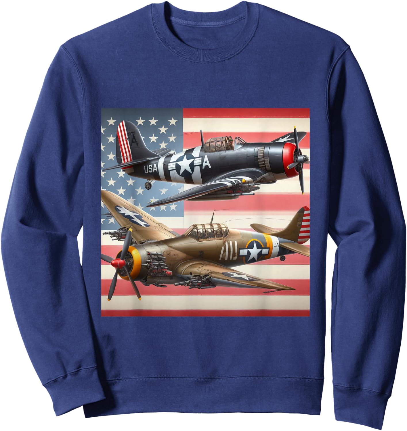 WW2 Airplanes American US Flag Sweatshirt - Sweatshirt | Navy