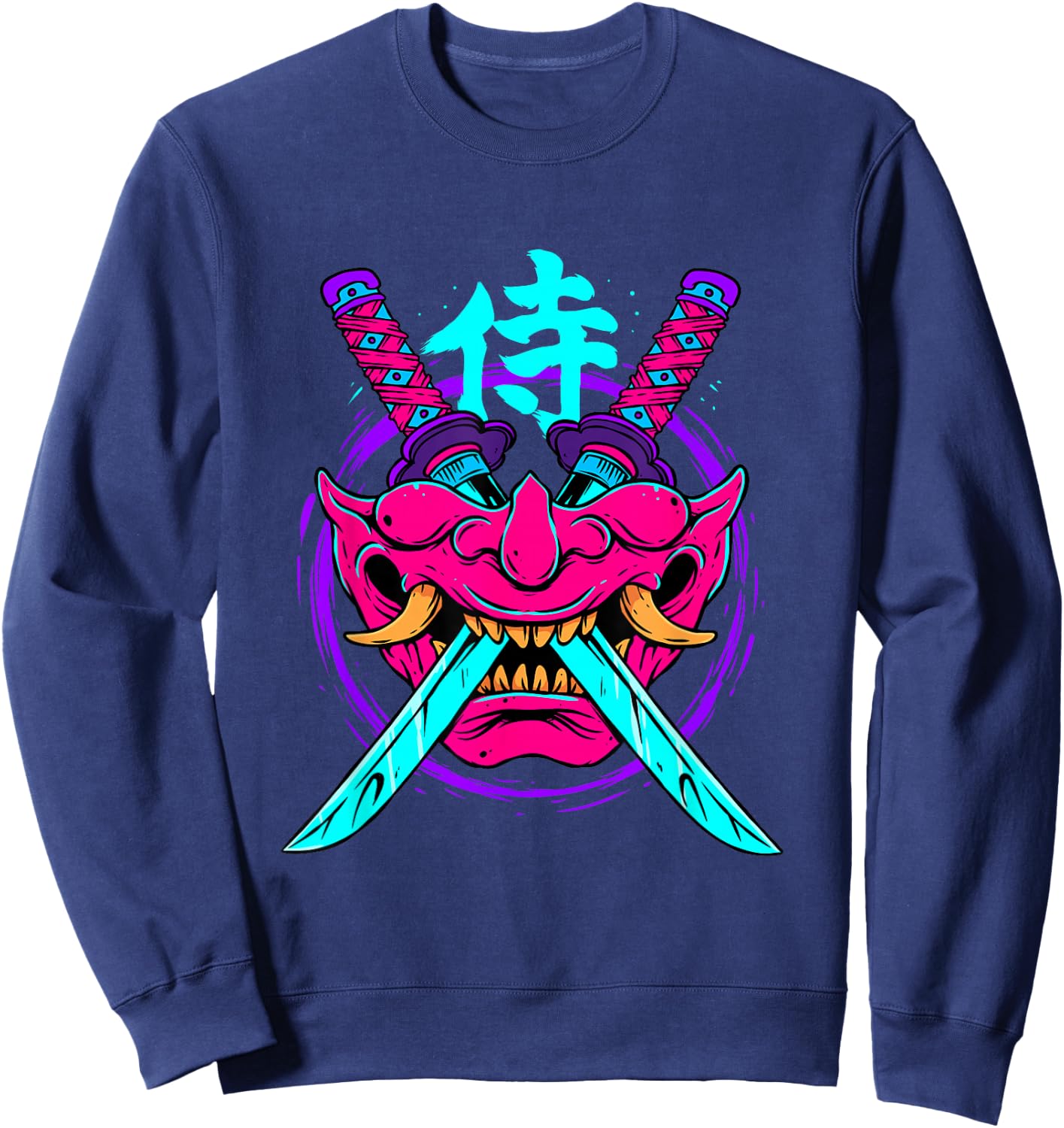 Vaporwave Aesthetic Japanese Samurai Mask Oni Kanji Bushido Sweatshirt - Sweatshirt | Navy