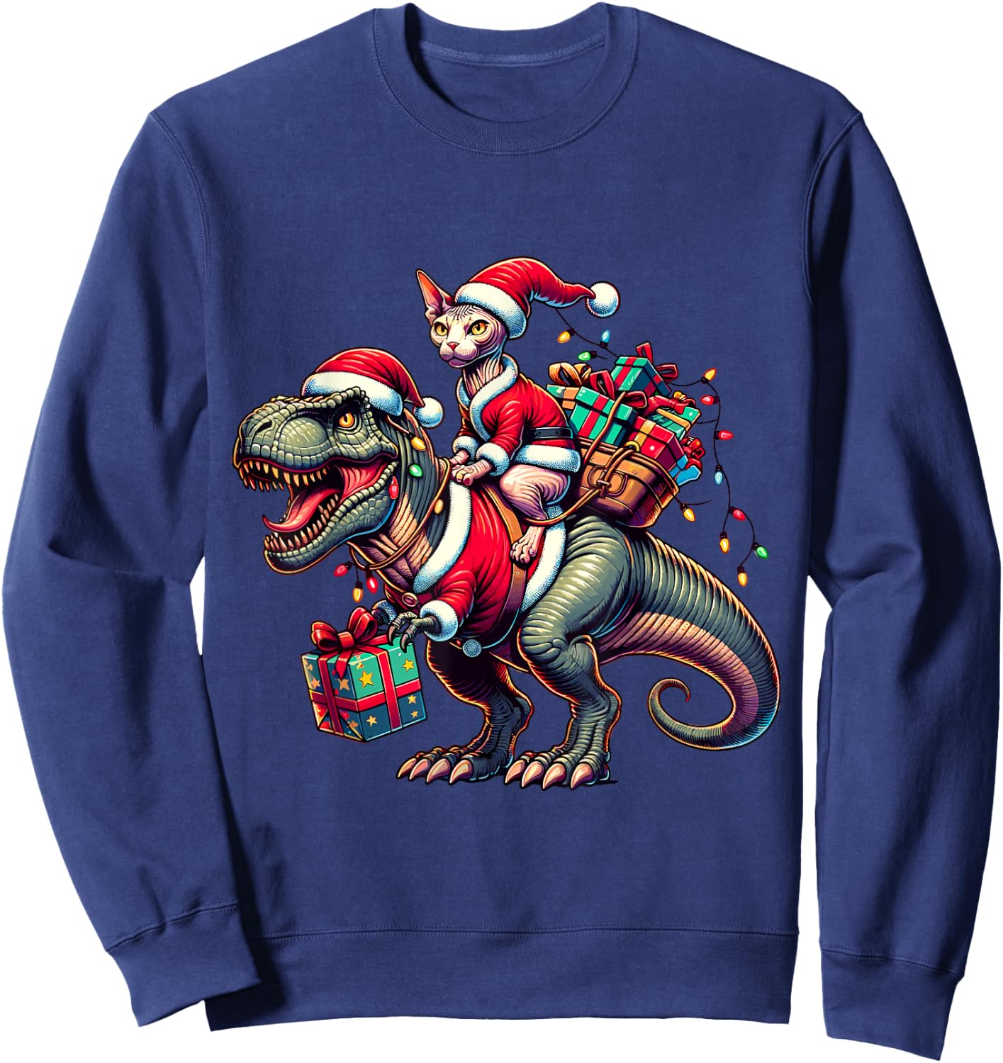 Adorable Sphynx Cat Rides Christmas T-Rex Santa for Sphynx Sweatshirt - Sweatshirt | Navy