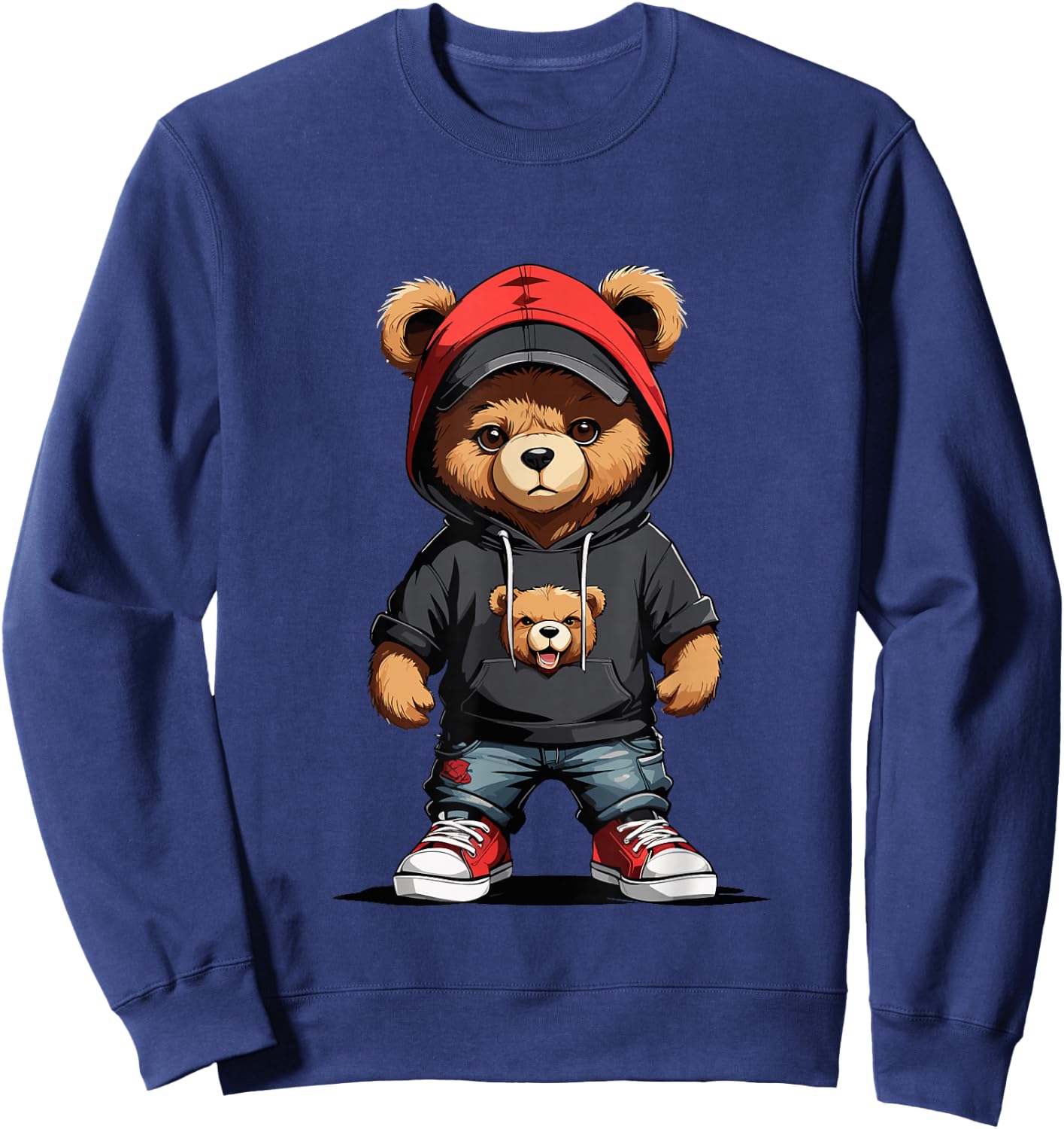 Teddy Bear Red Cap Gangster in Hip Hop Street Clothes Sweatshirt - Sweatshirt | Navy