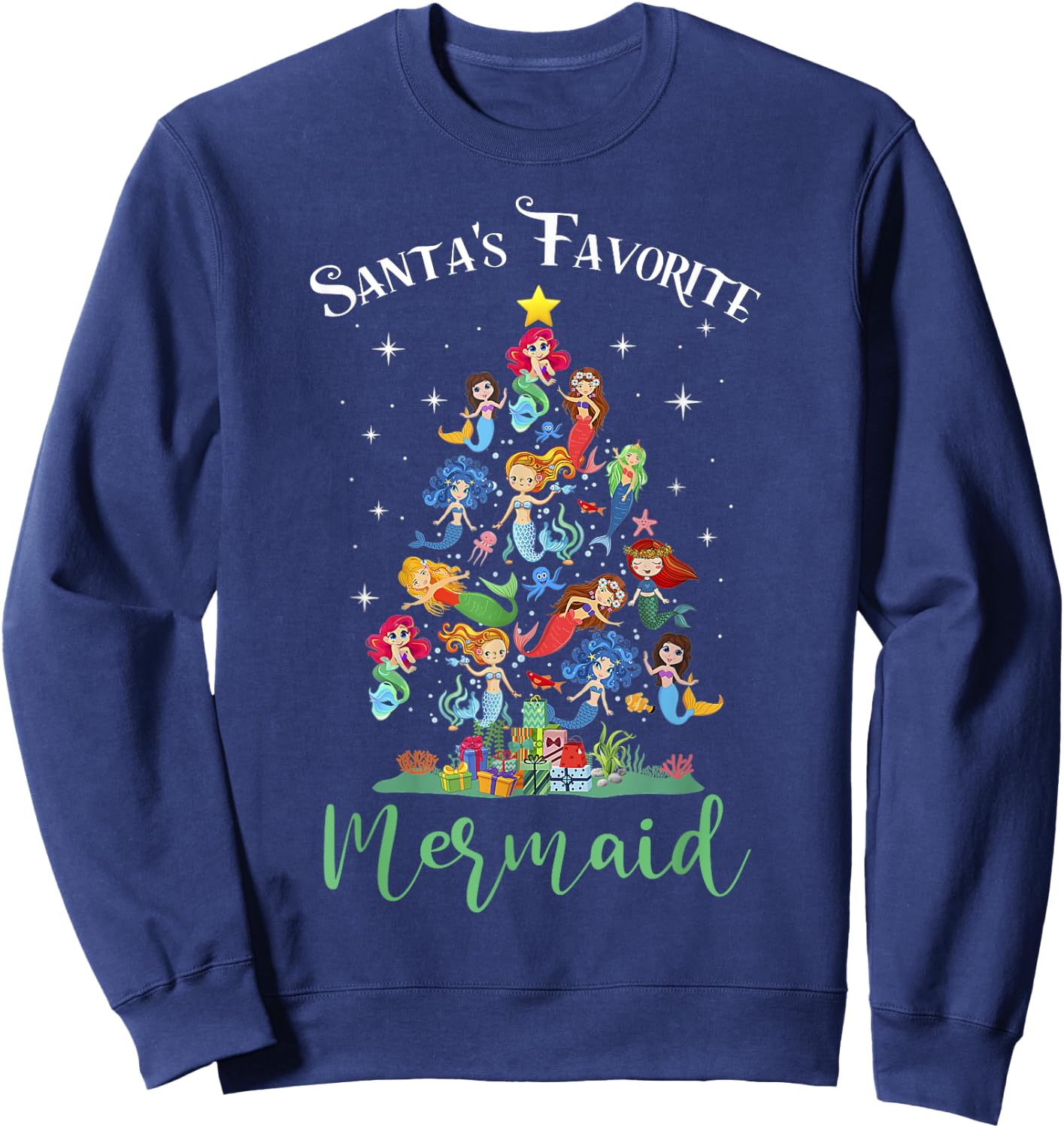 Santa's Favorite Mermaid Christmas Tree Matching Women Kids Sweatshirt - Sweatshirt | Navy