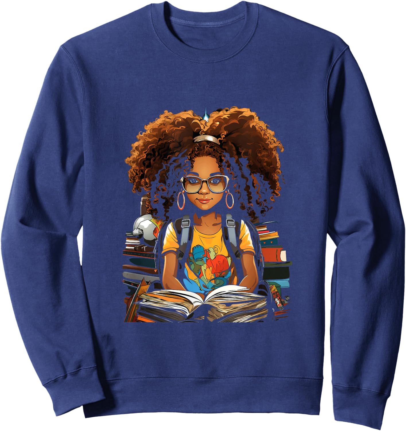 Back to School Afro African American Children Girls Book Reading Sweatshirt - Sweatshirt | Navy