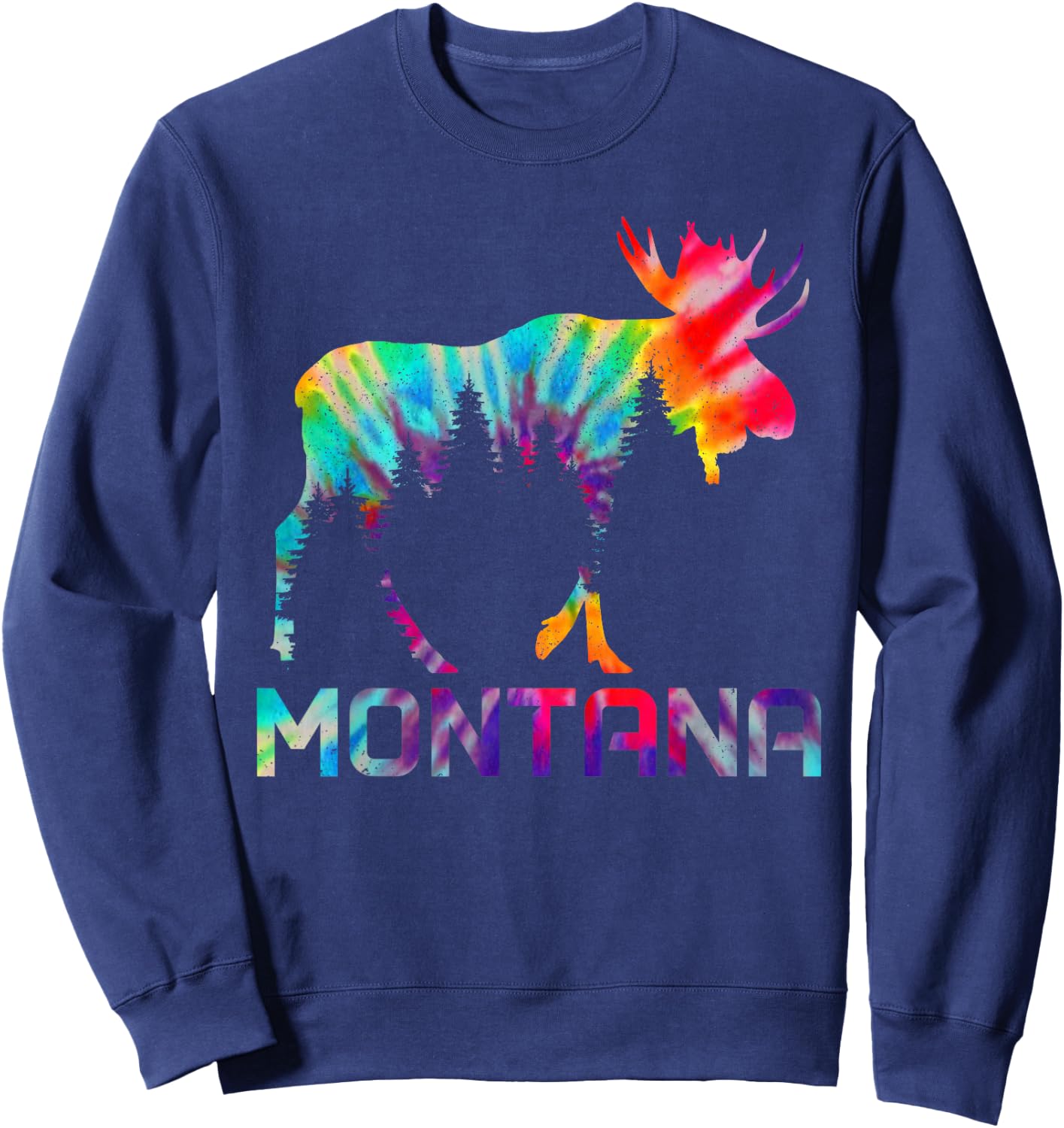 Montana PNW Vintage Tie Dye Souvenir Moose Sweatshirt - Sweatshirt | Navy