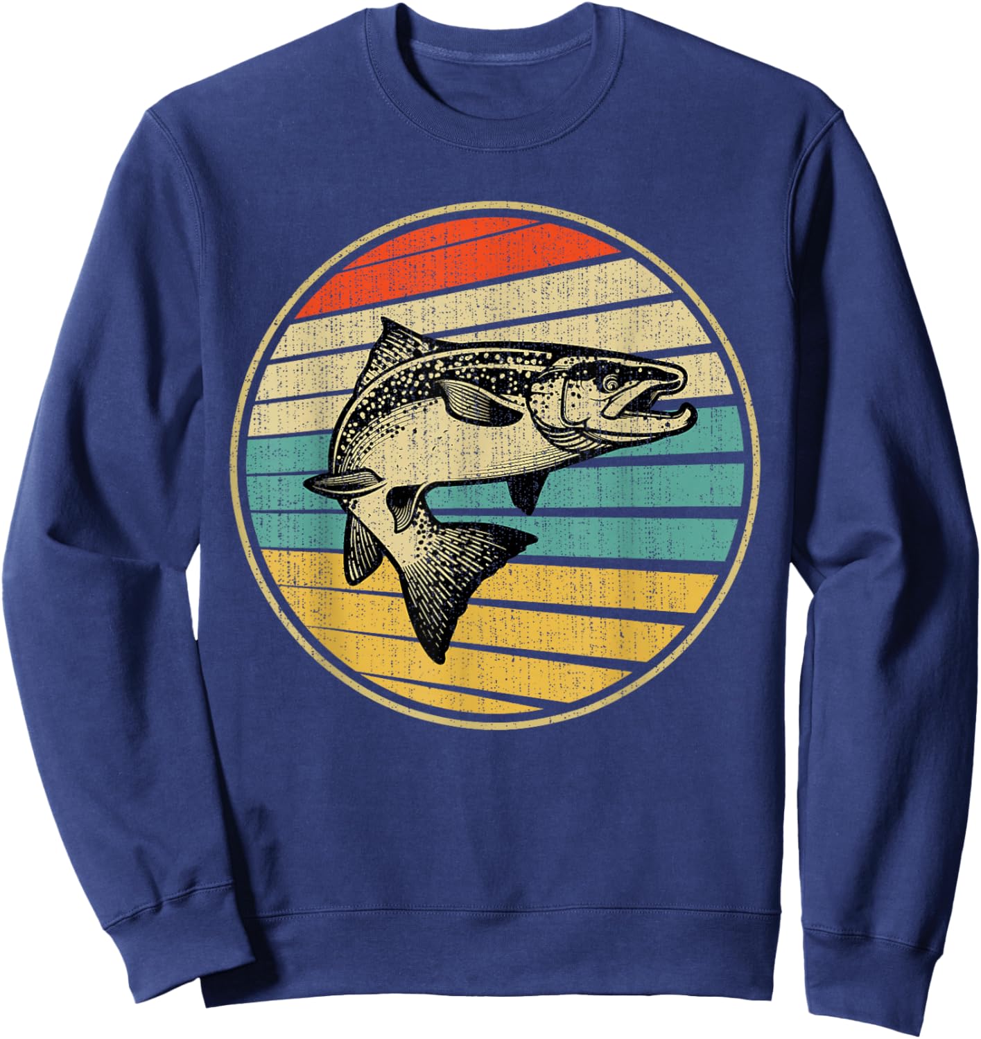 Salmon Fishing Fish Vintage Retro 70s 80s Fisherman Funny Sweatshirt - Sweatshirt | Navy