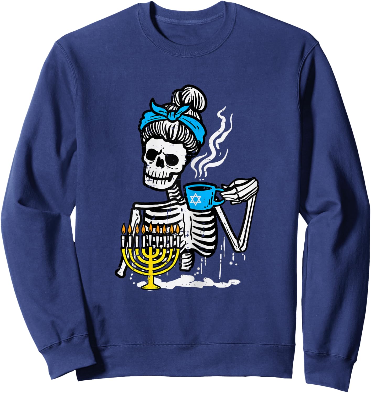 Hanukkah Skeleton Messy Bun Coffee Chanukah Women Girls Kids Sweatshirt - Sweatshirt | Navy