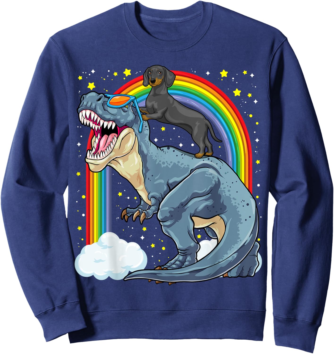 Dachshund Riding Dinosaur T-Rex Dog Rainbow Dino Funny Sweatshirt - Sweatshirt | Navy