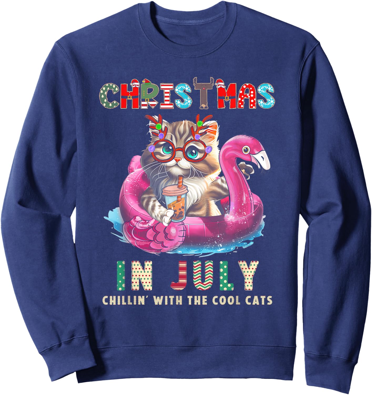 Christmas In July Chillin Cats Flamingo Float Meowy Xmas Sweatshirt - Sweatshirt | Navy