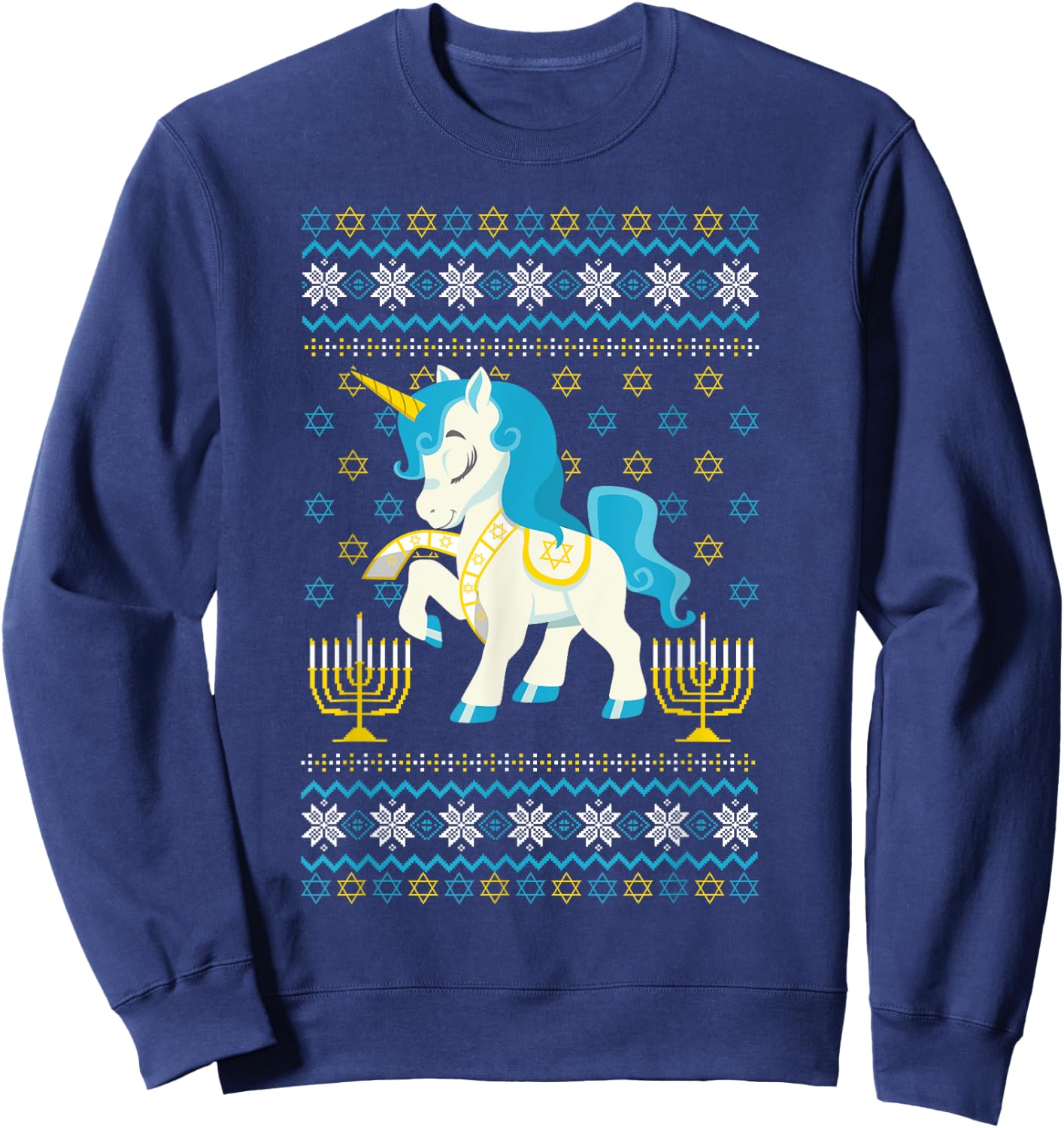 Ugly Hanukkah Sweater Unicorn Jewish Star Christmas Menorah Sweatshirt - Sweatshirt | Navy