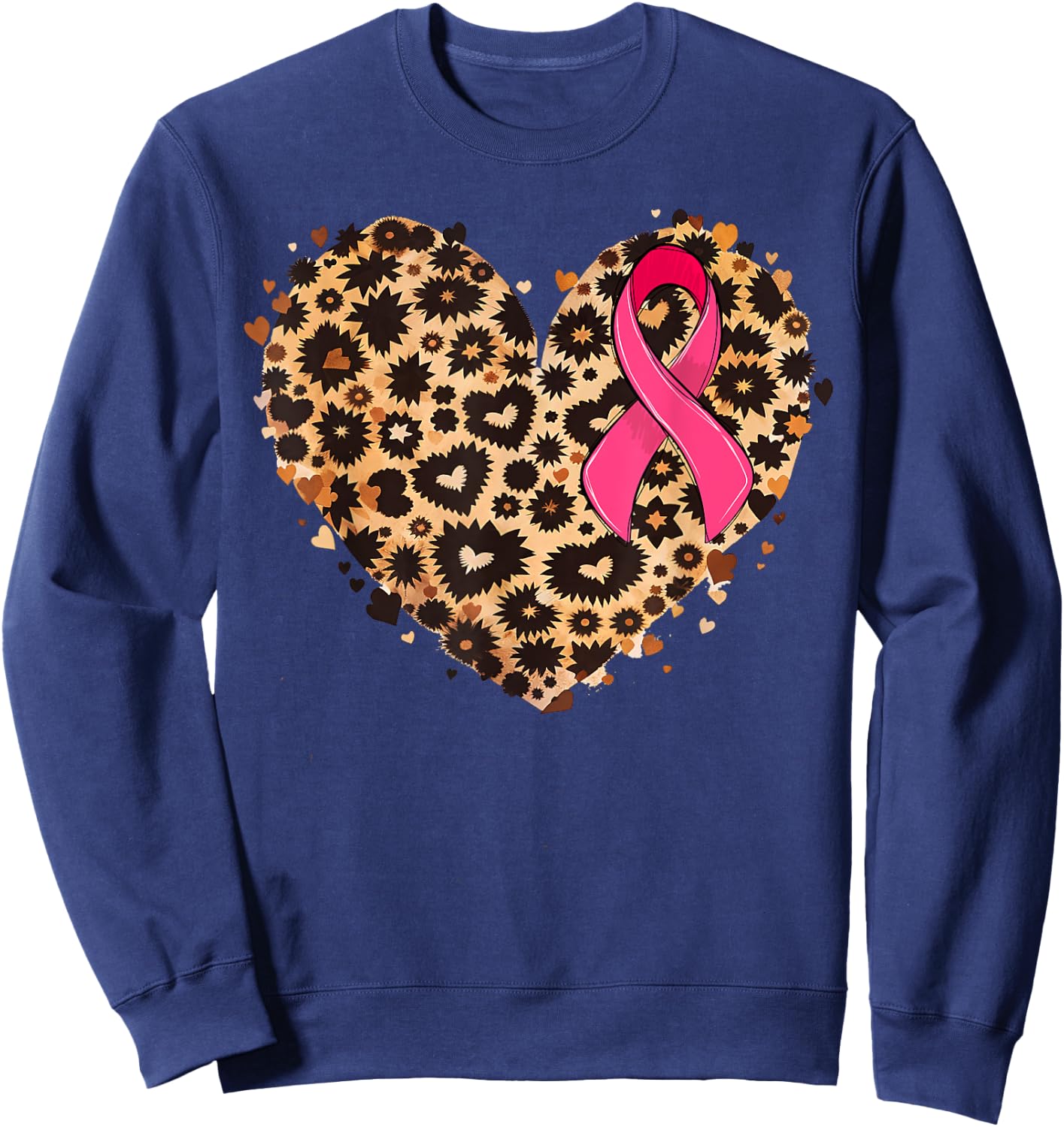 Breast cancer Pink ribbon Cheetah Leopard Heart Print Sweatshirt - Sweatshirt | Navy