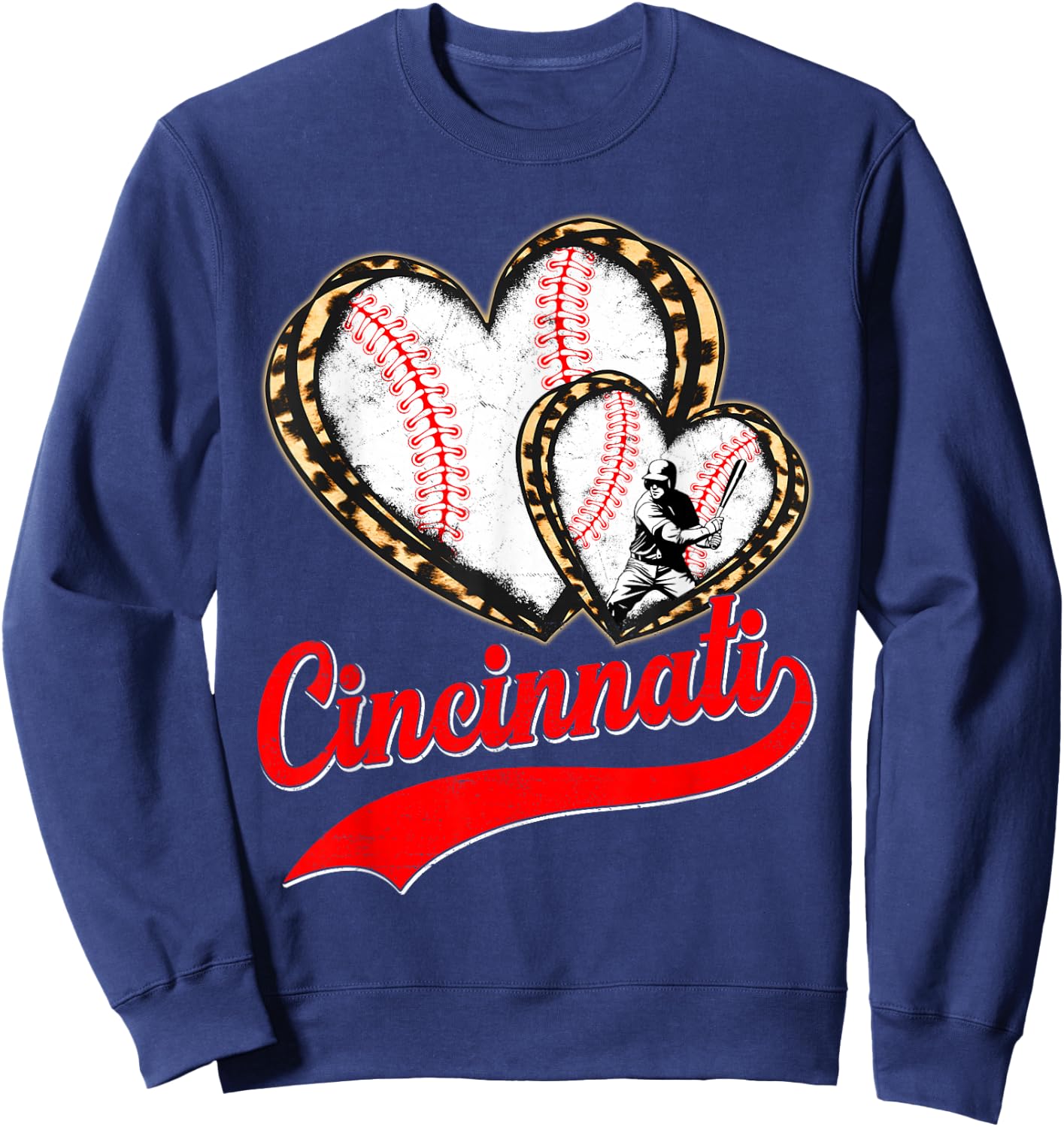 Vintage Cincinnati Baseball Leopard Heart Baseball Fans Sweatshirt - Sweatshirt | Navy