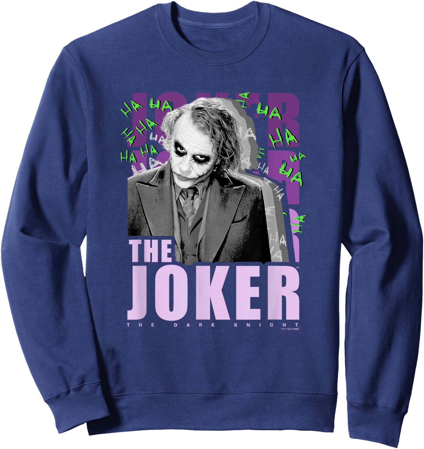 The Dark Knight The Joker Purple Ha Ha Distressed Poster Sweatshirt - Sweatshirt | Navy