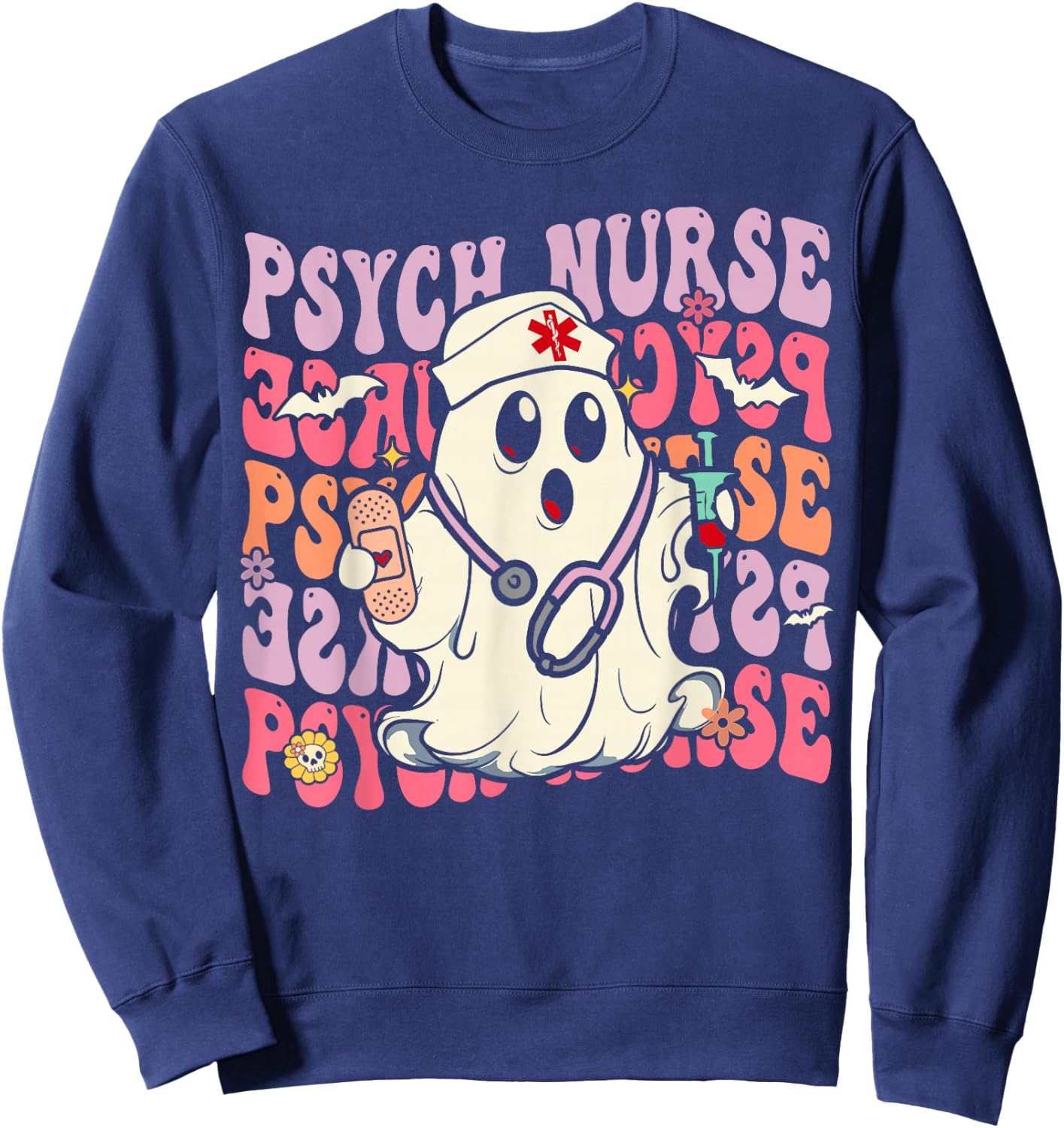 Retro Psych Nurse Groovy Halloween Psychiatric Nurse Sweatshirt - Sweatshirt | Navy
