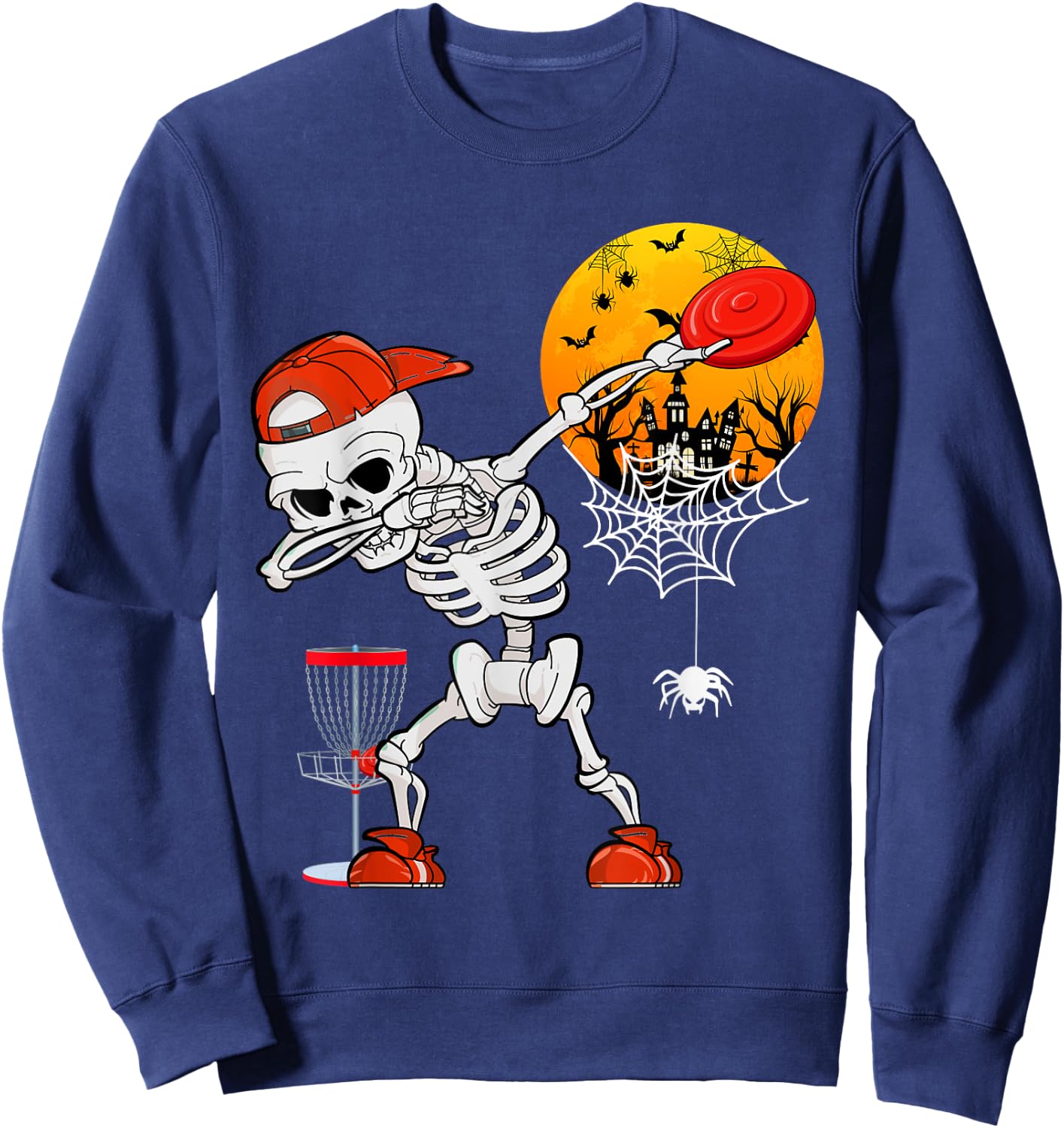 Dabbing Skeleton Playing Disc Golf Halloween Player Coach Sweatshirt - Sweatshirt | Navy