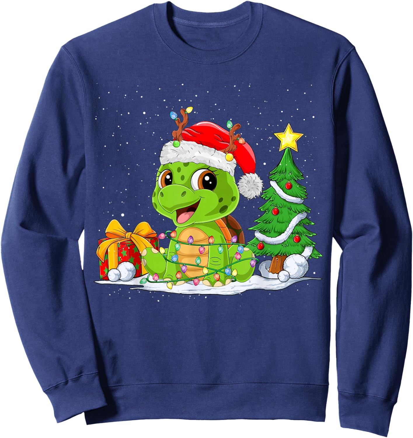Cute Turtle Santa Christmas Tree Lights Xmas Pajama Turtle Sweatshirt - Sweatshirt | Navy