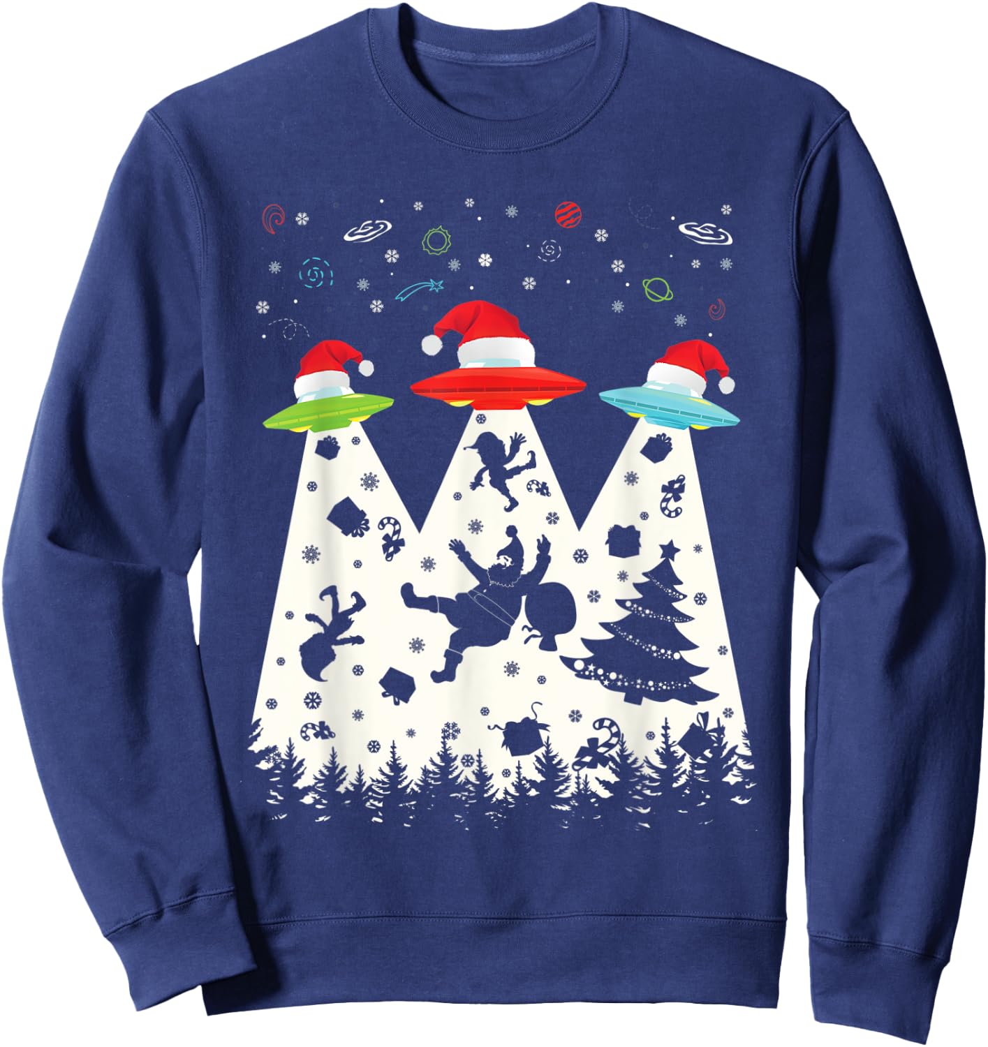 Funny Christmas Shirt Santa Alien Saucer UFO Abduction Sweatshirt - Sweatshirt | Navy