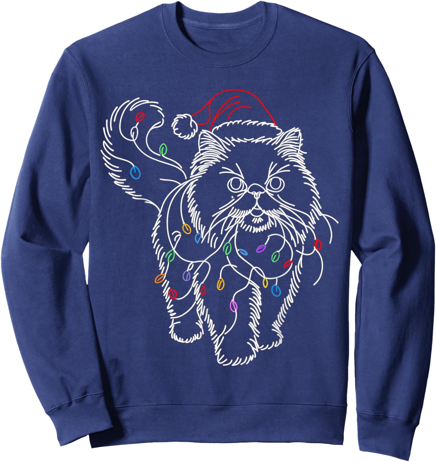 Persian Cat Santa Christmas Tree Lights Ugly Pajamas Mom Dad Women Kids Sweatshirt - Sweatshirt | Navy