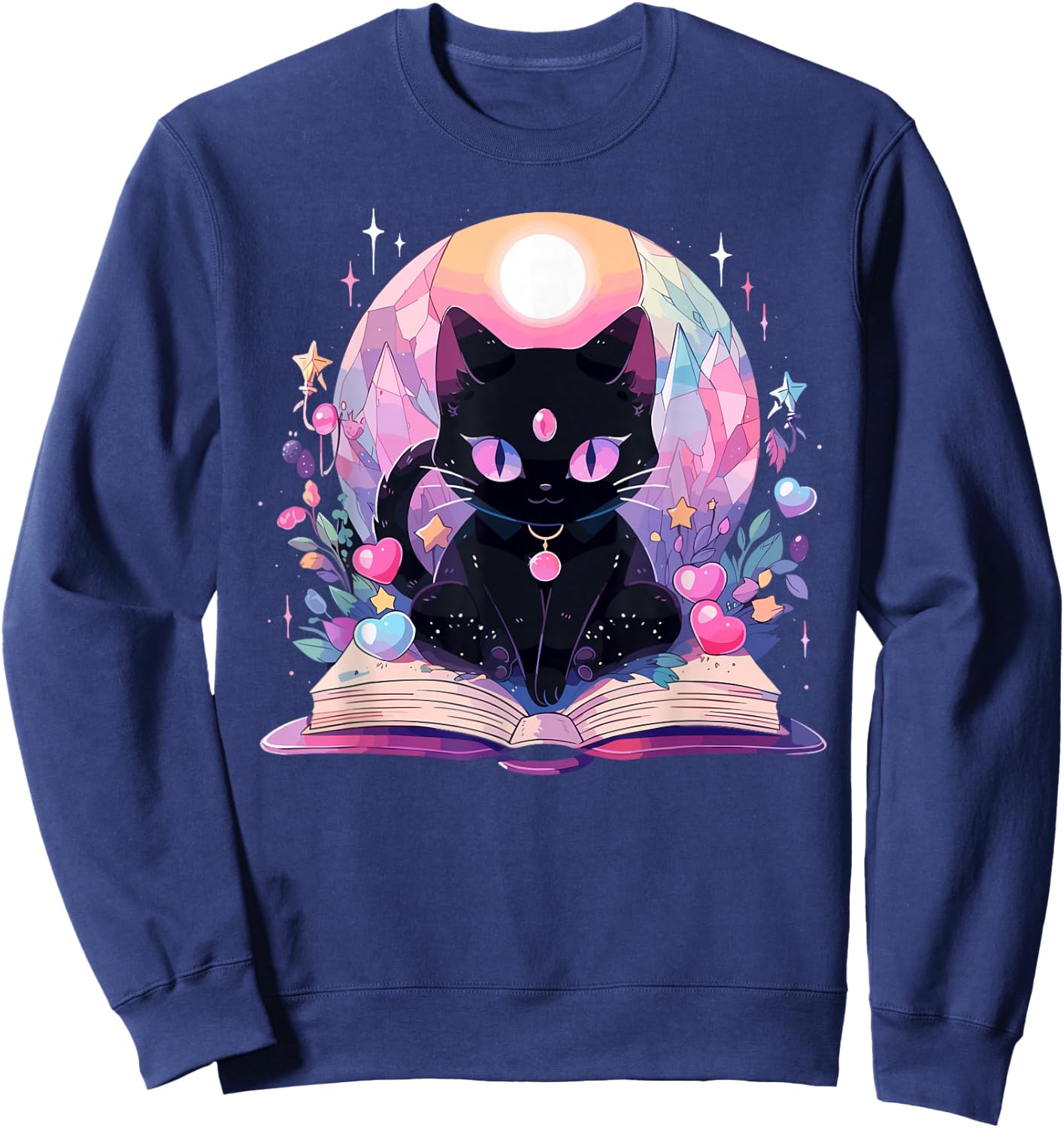 Book Lover Crystal Witchy Cute Black Cat Kawaii Pastel Goth Sweatshirt - Sweatshirt | Navy