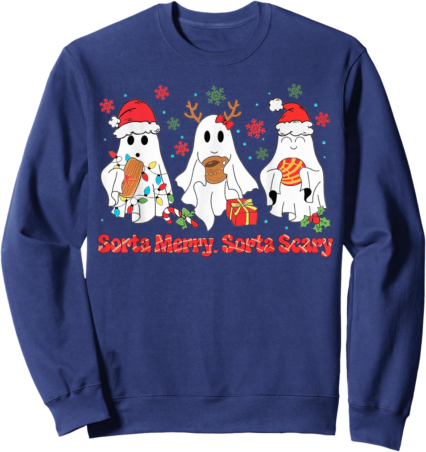 Funny Christmas Sorta Merry Sorta Scary Ghost Xmas Lights PJ Sweatshirt - Sweatshirt | Navy
