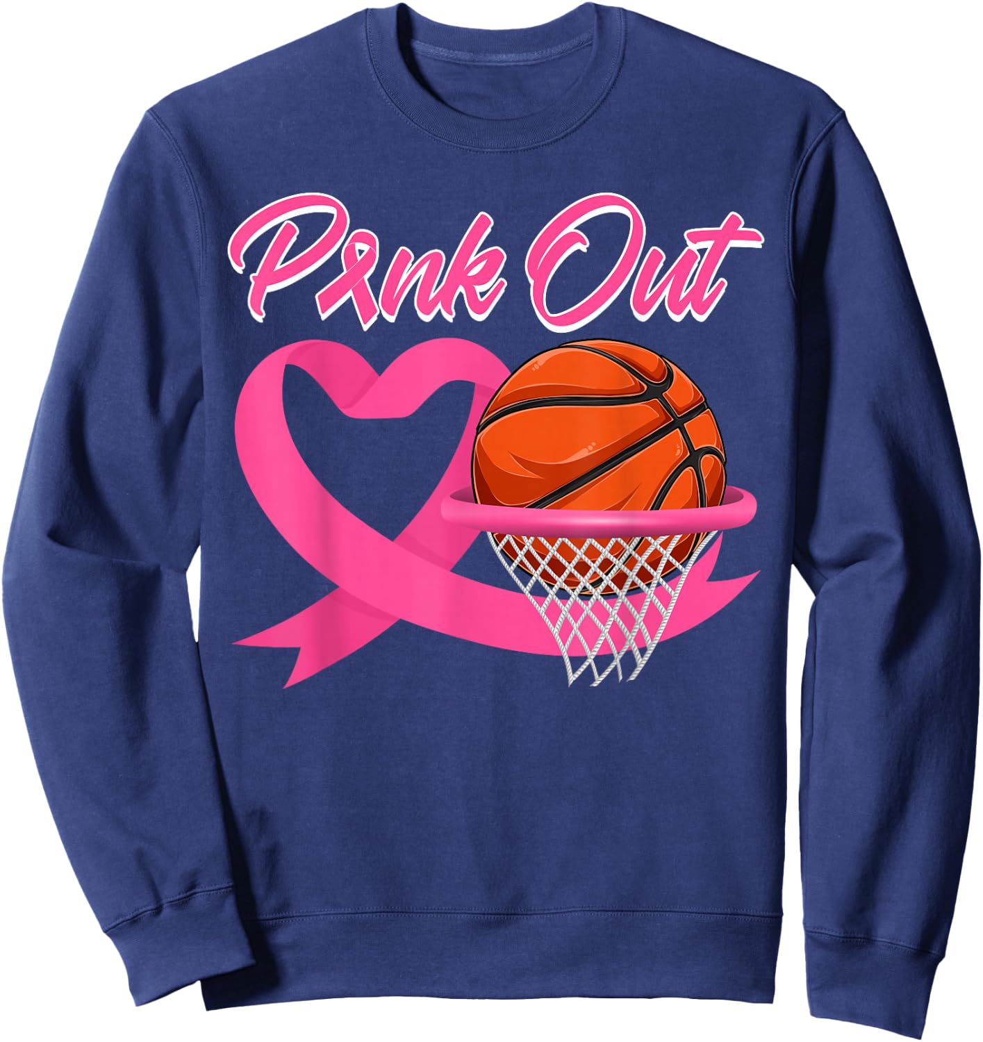 Pink Out Breast Cancer Pink Ribbon Heart & Basketball Ball Sweatshirt - Sweatshirt | Navy