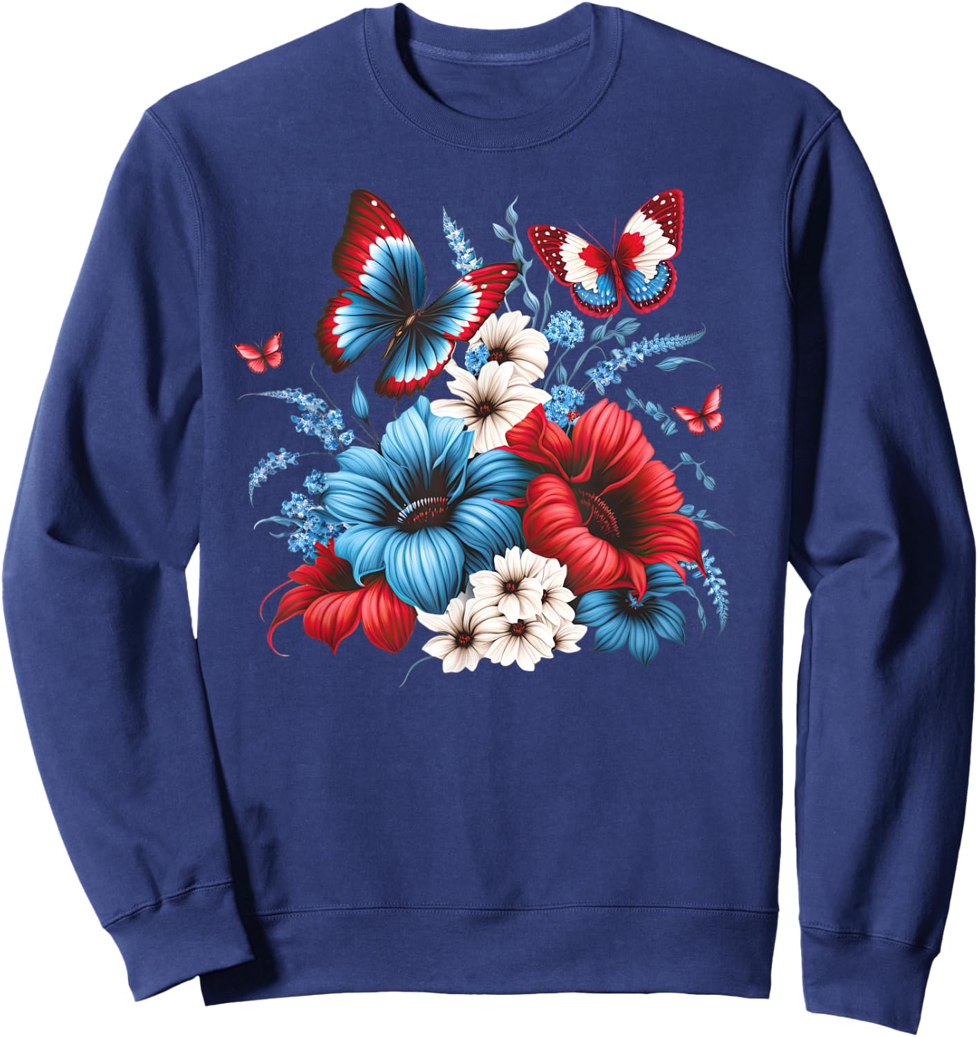 Butterfly Flowers - Red White and Blue 4th of July Patriotic Sweatshirt - Sweatshirt | Navy