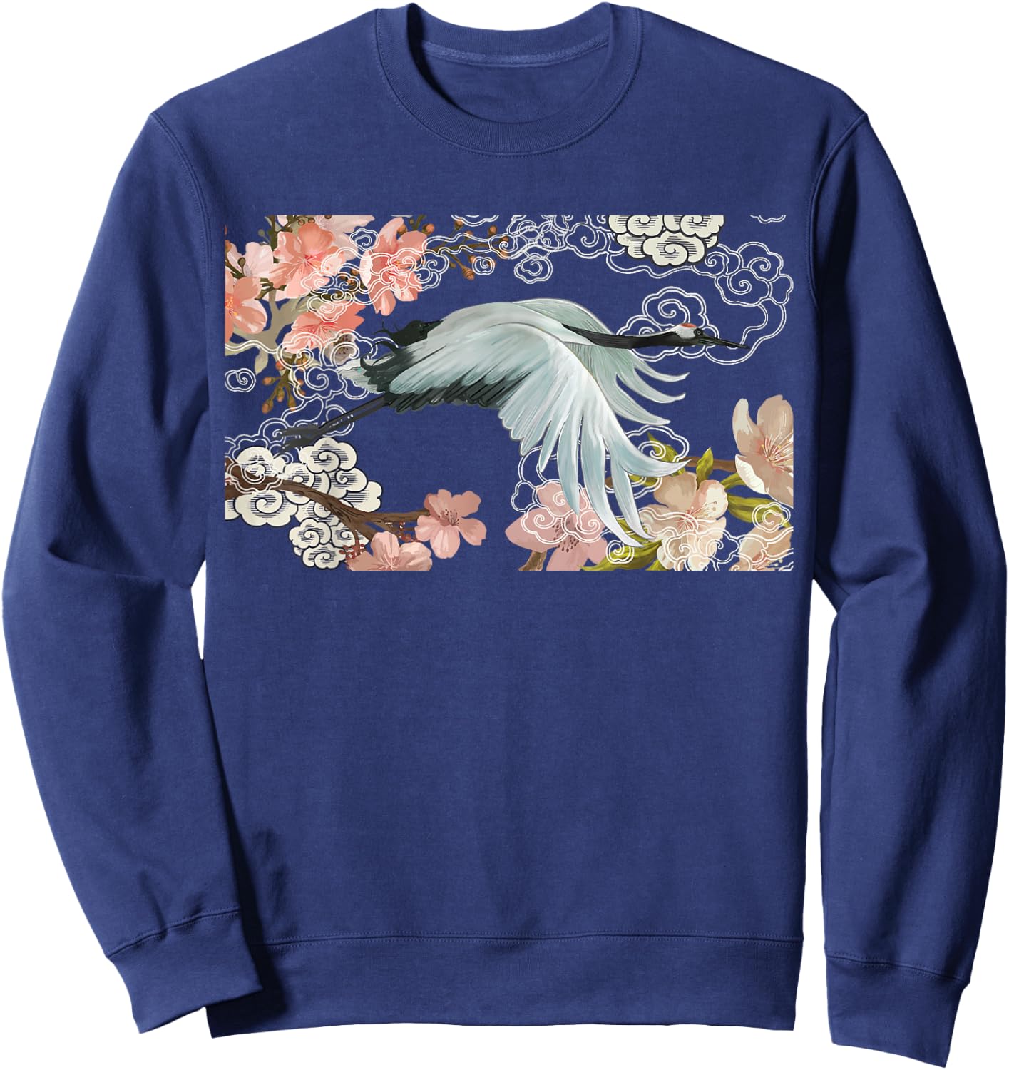 flying white Sandhill Crane Bird Japanese style art Lover Sweatshirt - Sweatshirt | Navy