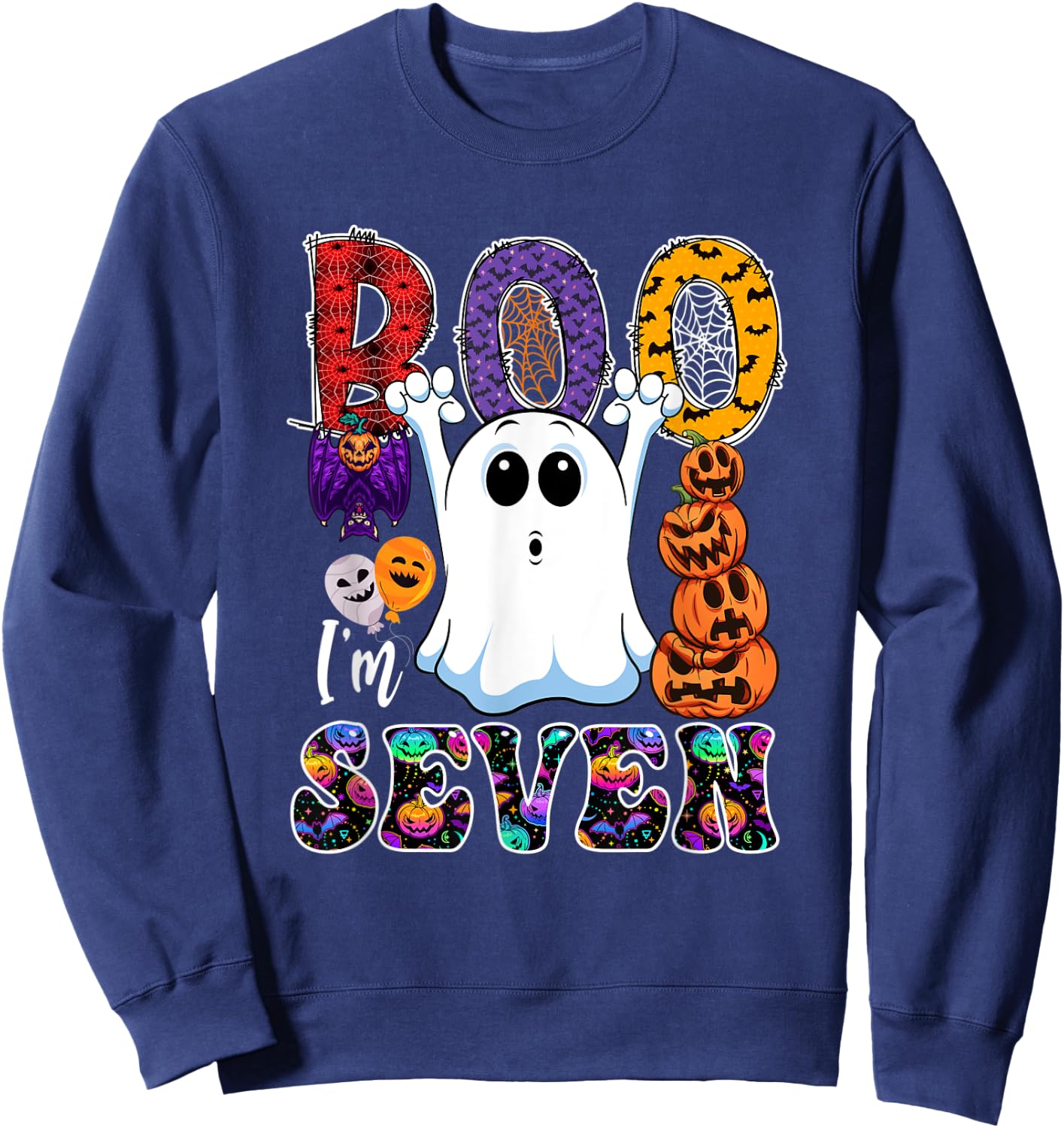 Boo I'm Seven Cute Boo Ghost Halloween 7th Birthday Family Sweatshirt - Sweatshirt | Navy