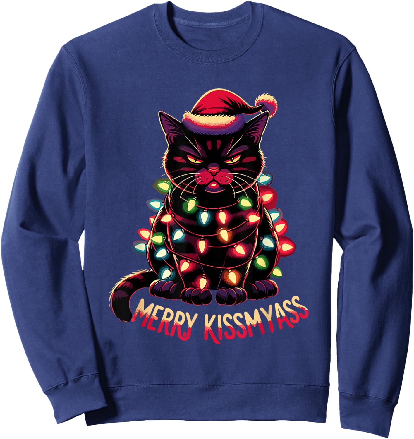 Merry Kissmyass Funny Black Cat Christmas Lights Santa Hat Sweatshirt - Sweatshirt | Navy