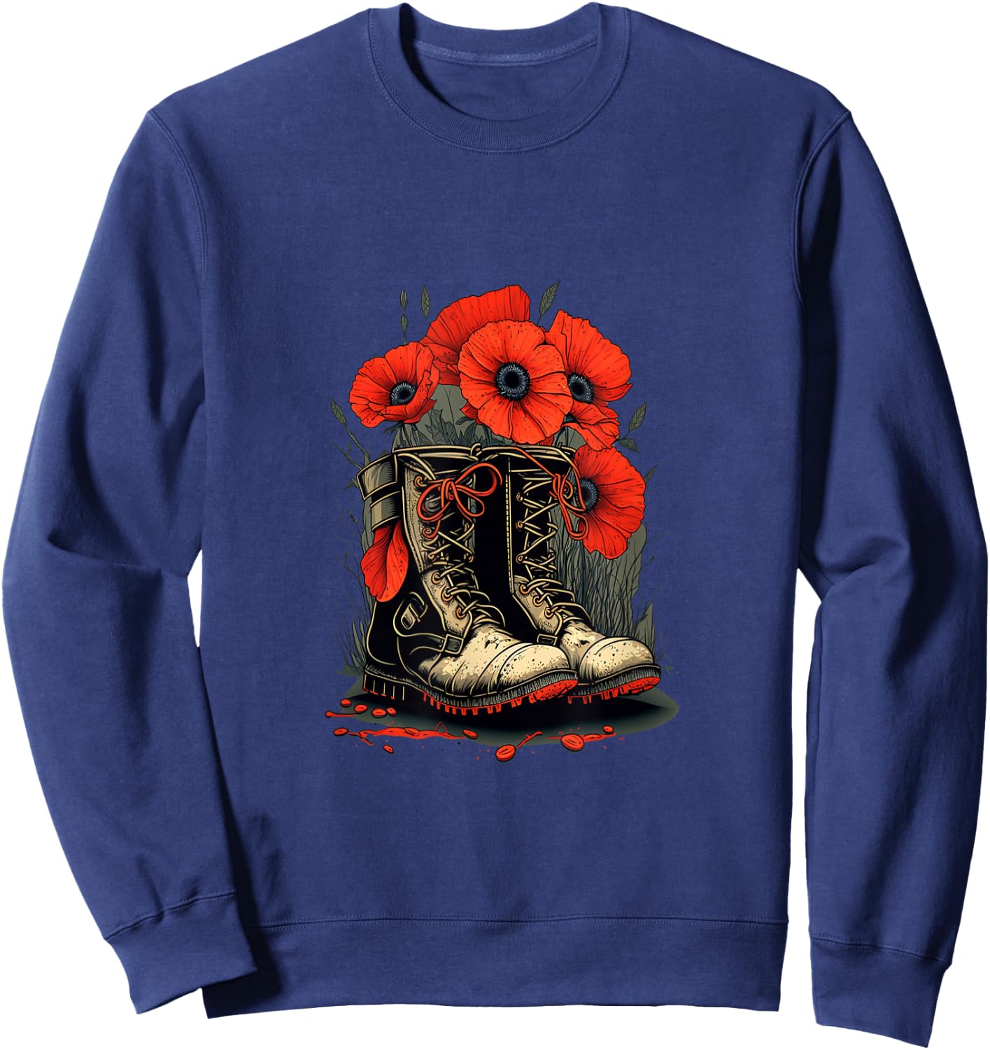 Memorial Day Red Poppy Flower Military Boots 4th of July Sweatshirt - Sweatshirt | Navy