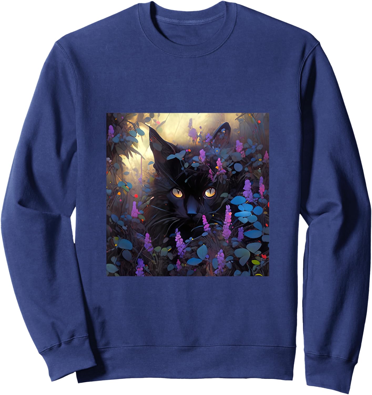 Black Adorable Cat Purple Spring Flowers Women Sweatshirt - Sweatshirt | Navy