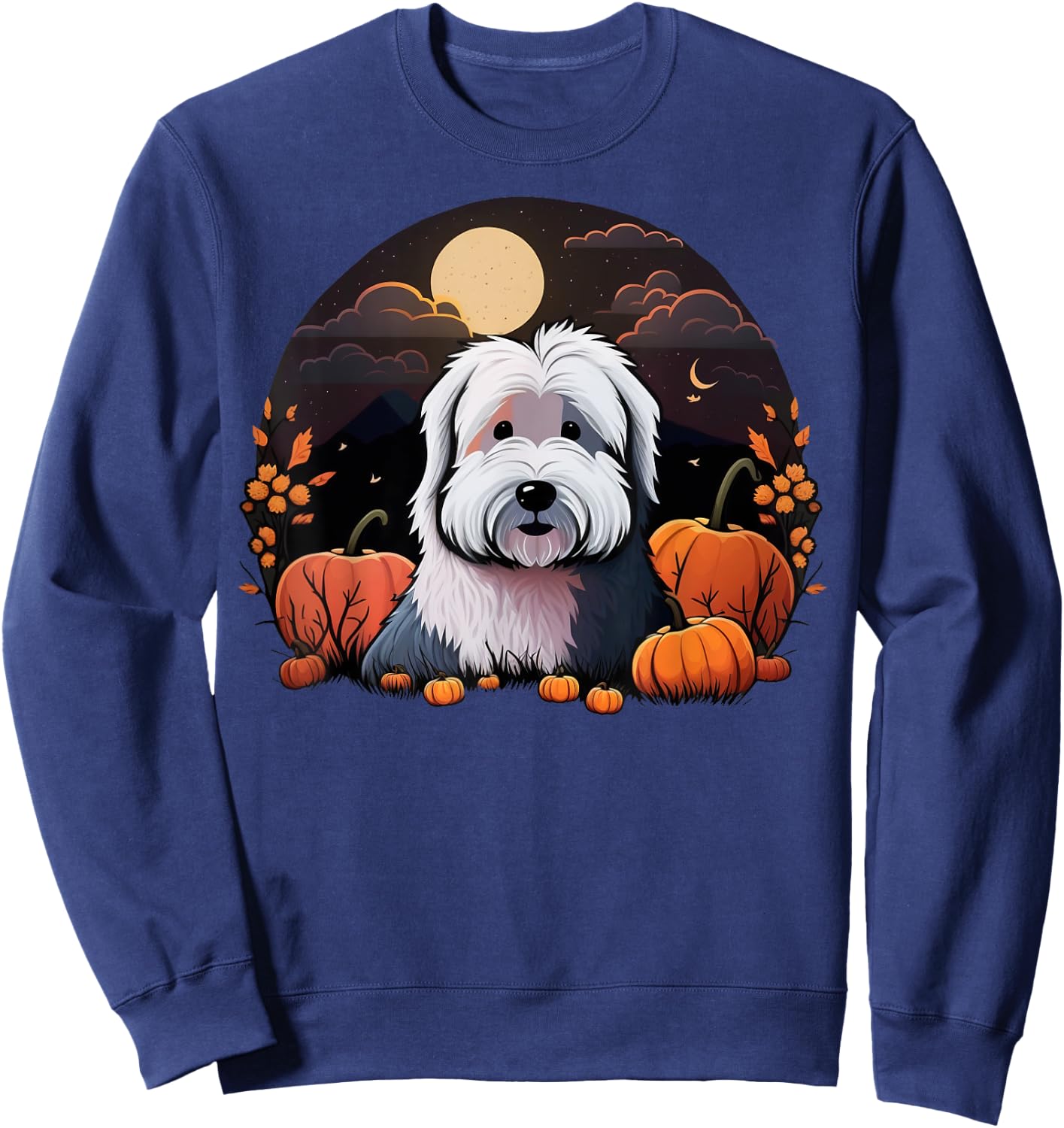 Pumpkin Bobtail costume on Old English Sheepdog Halloween Sweatshirt - Sweatshirt | Navy