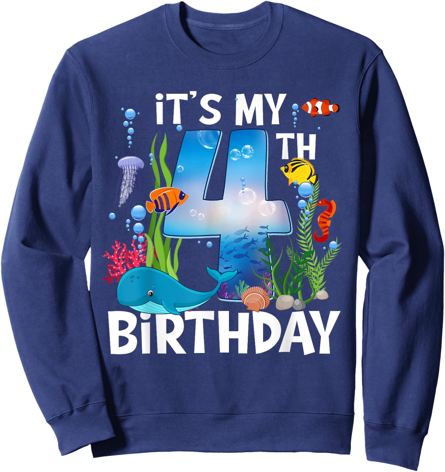 Kids 4 Year Old Ocean Life Whale Dolphin Shark 4th Birthday Sweatshirt - Sweatshirt | Navy