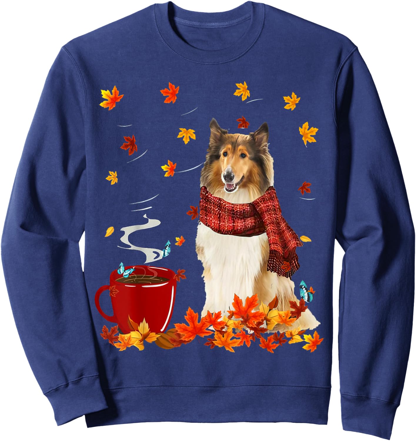 Rough Collie Fall Red Scarf Autumn Leaf For Dog Lover Sweatshirt - Sweatshirt | Navy